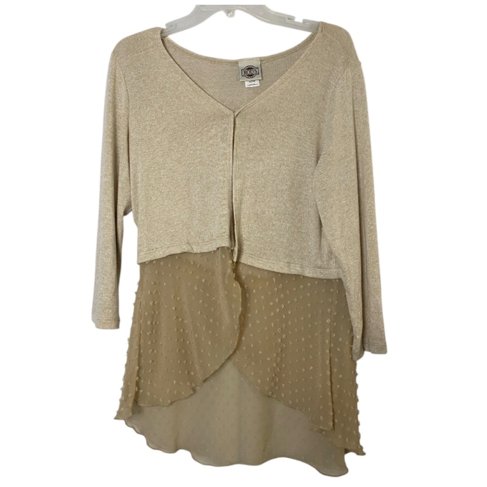 RODS Vintage Cardigan Sweater Beige Fairy Chiffon Trim Medium Cottage Grunge